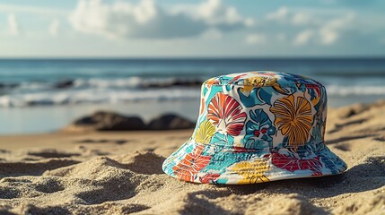 colorful bucket hat by the sea