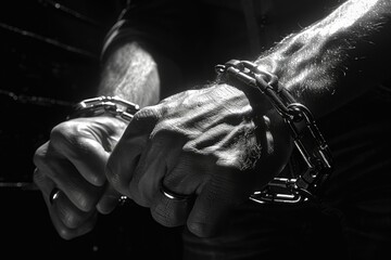 Obraz premium Man fighting for freedom with hands bound in chains