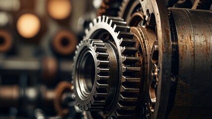 Illustrate an artistic close-up of industrial elements, such as gears or metal textures, arranged in a visually appealing way on a neutral background.