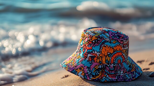 colorful bucket hat by the sea