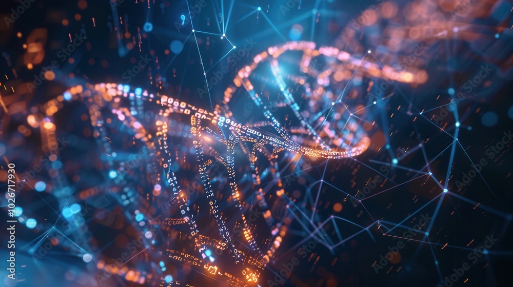 Poster a 3d representation of a dna strand showcases flowing binary code and digital data streams, symboliz