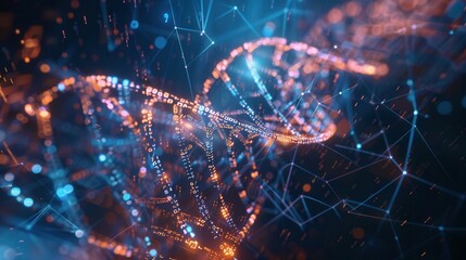 A 3D representation of a DNA strand showcases flowing binary code and digital data streams, symbolizing the fusion of biology and technology. Generative AI