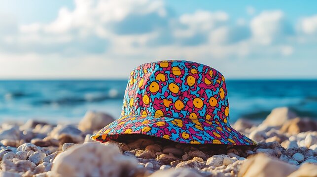 colorful bucket hat by the sea