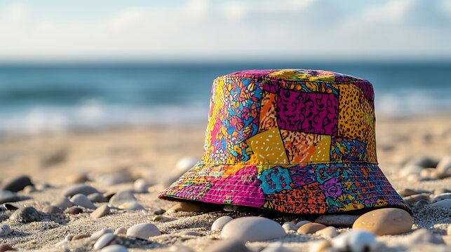 colorful bucket hat by the sea