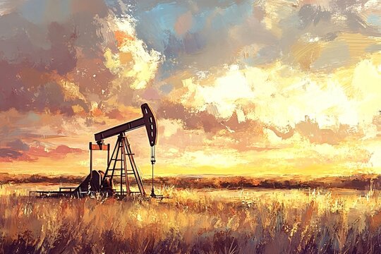 Oil well pump jack extracting crude oil at sunset in a vast field, capturing the energy industry in action