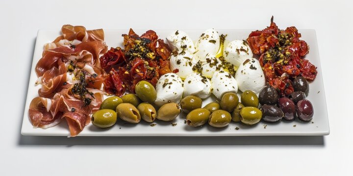 a plate of food with olives, tomatoes, and mozza