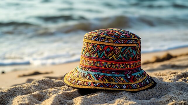 colorful bucket hat by the sea
