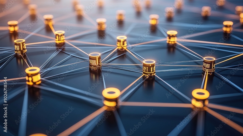 Poster interconnected network of cylindrical nodes with glowing lights