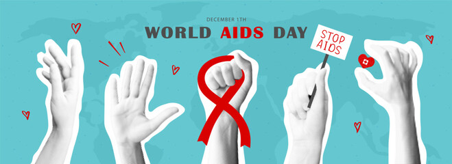 Banner dedicated to World AIDS Day on December 1. Halftone hands with red ribbon, red heart, stop sign, holding banner. Vector illustration. Health concept. Stop HIV.