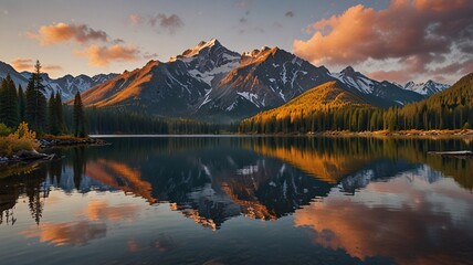 Majestic Mountain Range at Dawn, snow-capped, golden hue, tranquil lake.