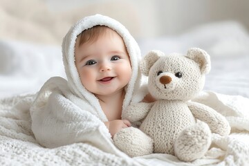 Cute baby snuggled in a towel, with a teddy, white background, high-detail shot, light and bright, trending keywords, studio photography, serene setting, playful mood, premium finish, warm highlights