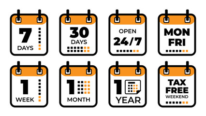 Icons that visually represent various timeframes and special promotional events such as taxfree weekends specifically. Orange black vector time icons. Open 24 hours, month, year, week calendar