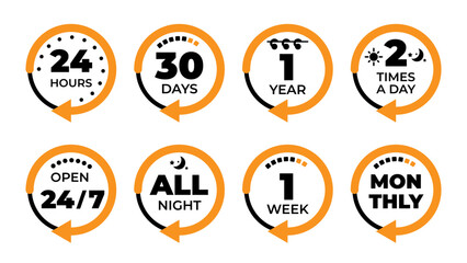 Icons that visually represent various timeframes and special promotional events and time cycles. Orange black vector round time icons. Open 24 hours, month, year, week calendar
