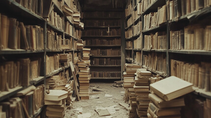 Obraz premium Dusty, abandoned library aisle with stacks of old books in a nostalgic, vintage setting