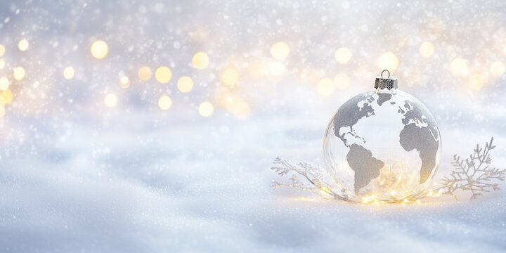 Christmas World Map Globe Ornament Ball in Silver Colors Banner with Copy Space