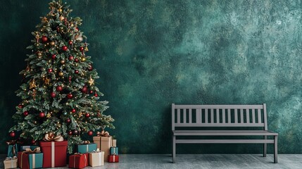 A gray bench sits beside a Christmas tree decorated with multicolored gift boxes. The tree is against a verdant green wall.