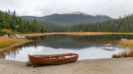 Obraz premium Wooden Boat on a Still Mountain Lake