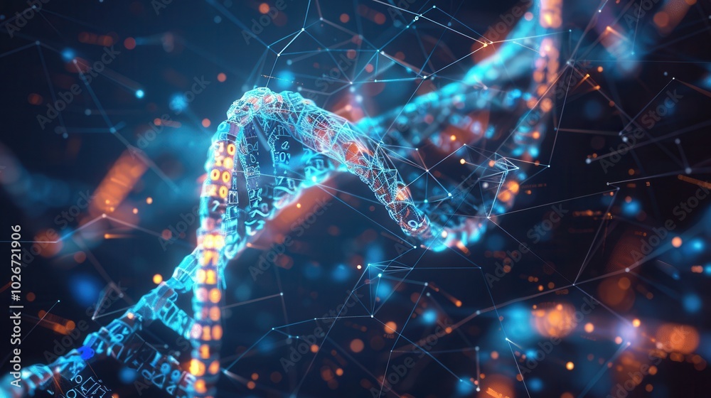 Poster a detailed dna strand is intertwined with vibrant digital data streams and binary code, highlighting