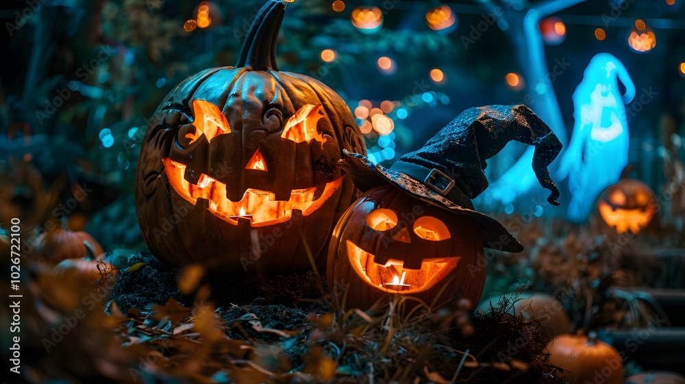 Wall mural glowing halloween pumpkins with witch