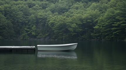 A White Rowboat Docked at a Lake with a Lush Green Forest in the Background