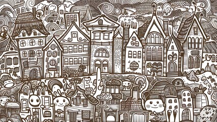Fototapeta premium Houses seamless ornament. Cute vector background with doodle city