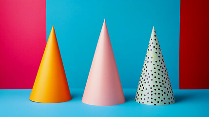 Cute party hats on a bright background
