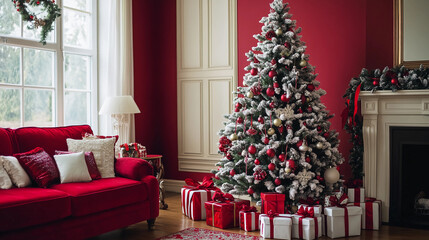 Red and white Christmas tree with matching gifts
