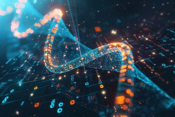 A vibrant 3D-rendered DNA strand intertwines with digital data streams, showcasing the merging of DNA and advanced technology. Generative AI
