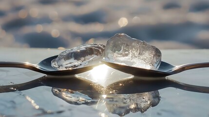 A lonely piece of ice clasped between two spoons allow sun to reflect off every side