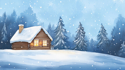 Fototapeta premium Watercolor of a tiny cabin with holiday lights