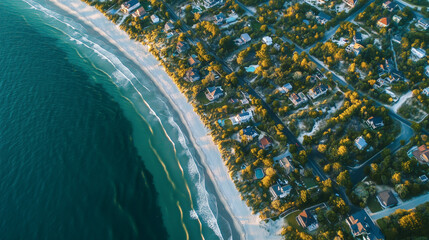 Aerial view of coastal homes amid trees and sandy beach with gentle ocean waves