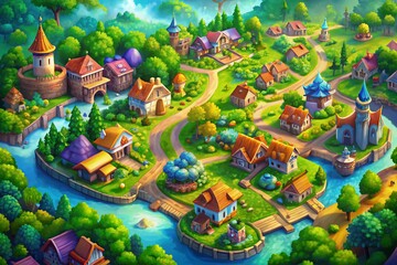 Fototapeta premium Top Down Town Fantasy Game World Map Illustration - RTS Style Landscape with Copy Space for Game Design and Strategy Elements