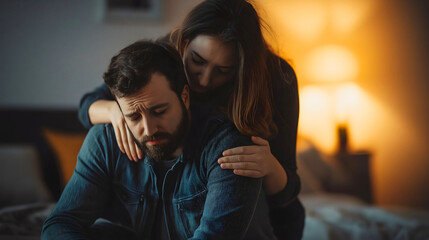 Woman, wife comforts husband, sad depressed man, couple navigating the challenges of their marriage together, love and empathy, support and help in difficult times while, emotional struggles, family