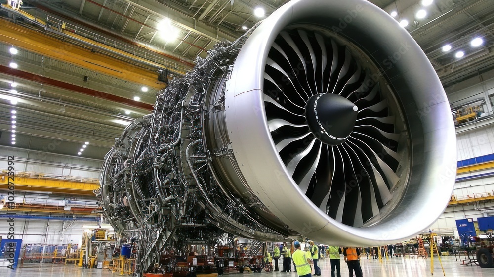 Poster airplane engine in a factory setting