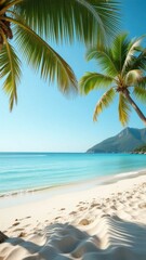 Fototapeta premium Idyllic white sand beach with palm trees and turquoise water