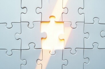 White jigsaw puzzle with missing piece shining bright