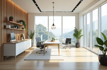 Fototapeta premium Modern home office interior with a view of nature