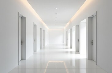Fototapeta premium Long corridor with many white doors is reflecting light