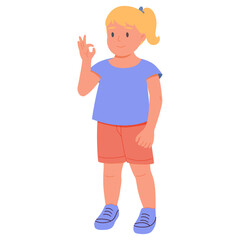 Young good looking girl shows ok gesture. Little girl showing thumbs up with cheerful expression. Success and goal