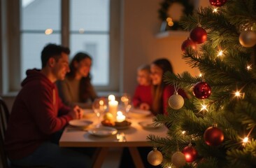 Family having christmas dinner with decorated tree in foreground