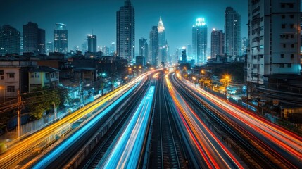 Nighttime cityscape with illuminated traffic and skyscrapers.