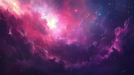 Naklejka premium Abstract Cosmic Painting with Pink and Purple Nebulae and Stars