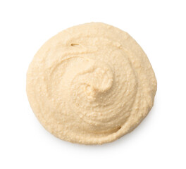 Sample of delicious hummus isolated on white, top view