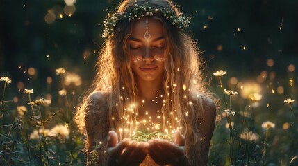 Naklejka premium Mystical blond woman wearing a flower crown holds a glowing light, eyes closed in peaceful contemplation, surrounded by nature's beauty. magical, dreamy atmosphere outdoors; fantasy fairytale 