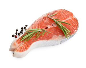 Fresh salmon steak, peppercorns and rosemary isolated on white, above view