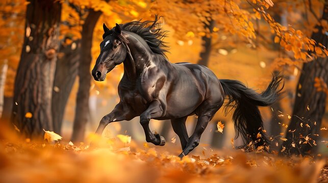A picture of a dark brown horse galloping through the yellow leaves of fall