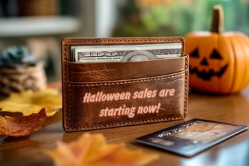 A leather brown purse with money that says Halloween sales are starting now!