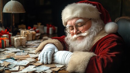 sleeping Santa in round glasses sitting at his desk littered with letters and gifts