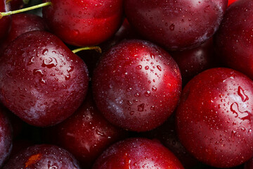 Many fresh plums with water drops as background, top view