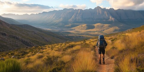 Obraz premium A man is walking on a trail in the mountains. The sky is cloudy and the sun is setting